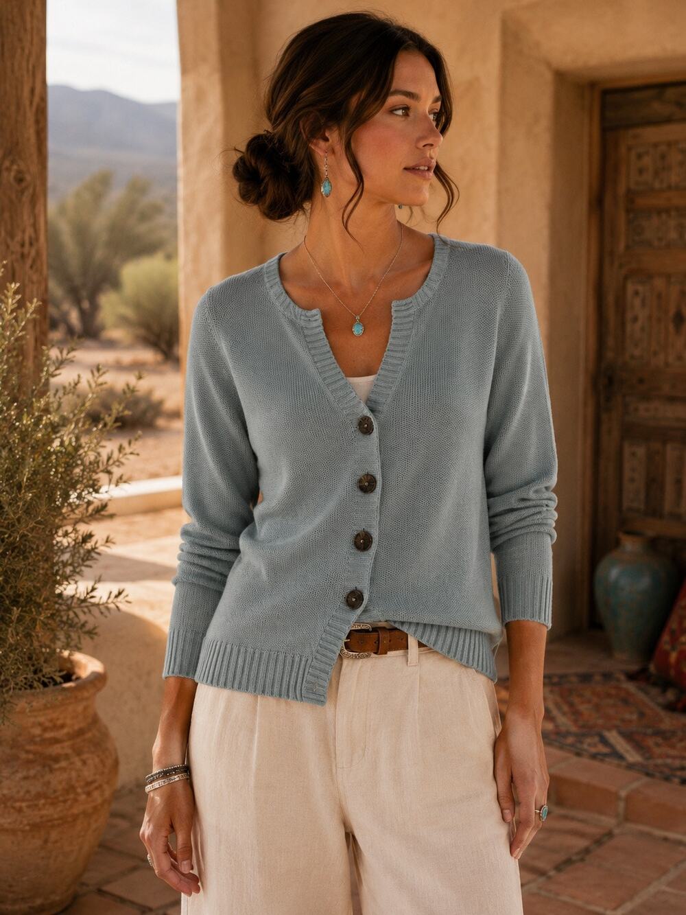 Sundance Dusty Blue Green Linen Cotton Cardigan Size S